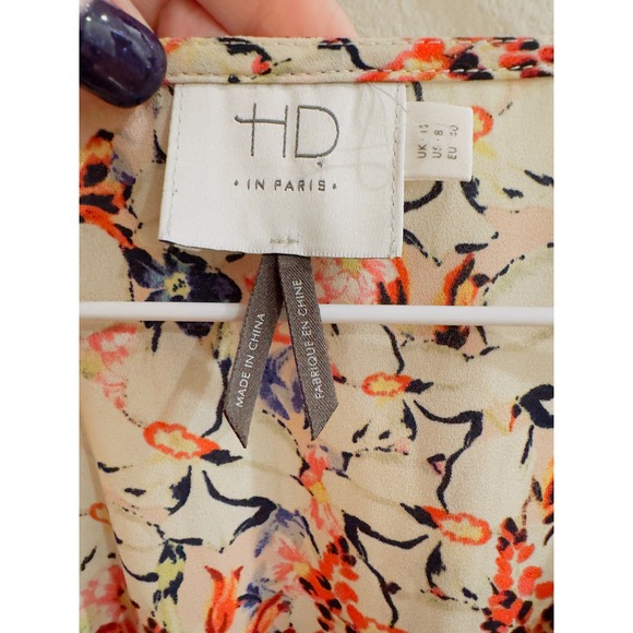 HD in Paris Floral Print Patchwork Lace Up V Neck Top Blouse Women Size 8 - Picture 2 of 9